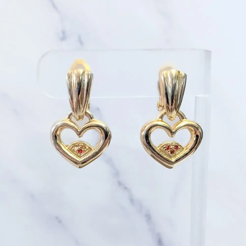 Vintage Clip On Earrings Gold Tone Heart Dangle - Missing Gems